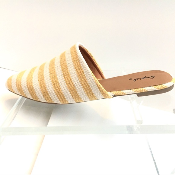 Qupid Shoes - Last Pair Yellow Striped Mules Awning Stripe Flats
